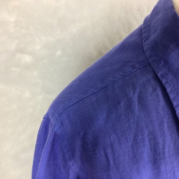 Haris Cotton Blue Long Sleeve Button Front 100% Linen Roll Tab Sleeve Dress L - Picture 6 of 8